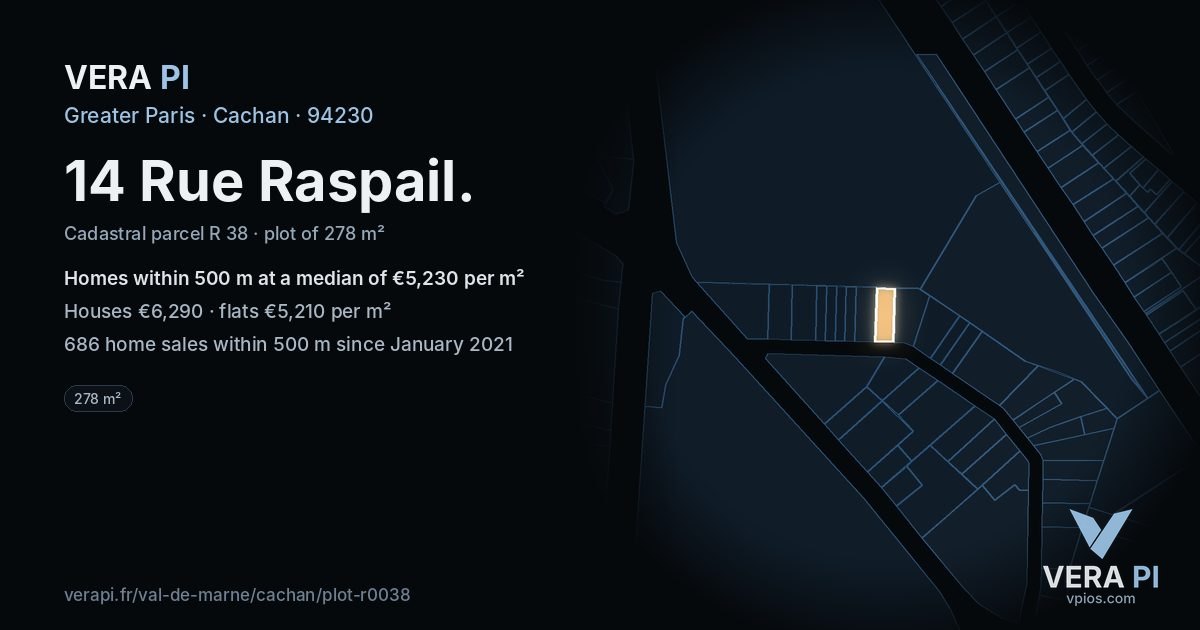 14 Rue Raspail, Cachan at night – the plot lit, the parcels around coloured by the prices near them