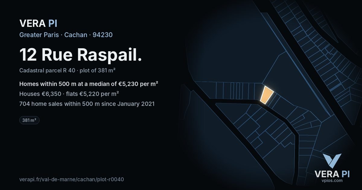12 Rue Raspail, Cachan at night – the plot lit, the parcels around coloured by the prices near them