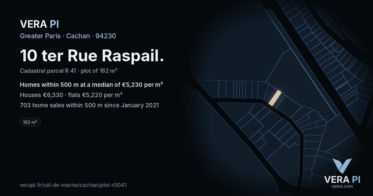 10 ter Rue Raspail, Cachan at night – the plot lit, the parcels around coloured by the prices near them