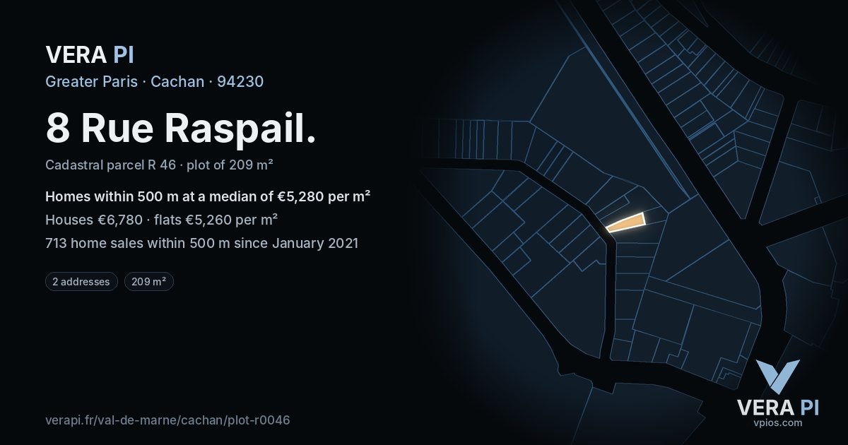 8 Rue Raspail, Cachan at night – the plot lit, the parcels around coloured by the prices near them