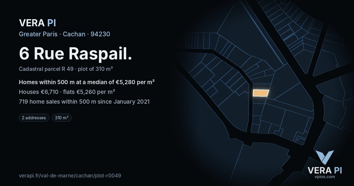 6 Rue Raspail, Cachan at night – the plot lit, the parcels around coloured by the prices near them