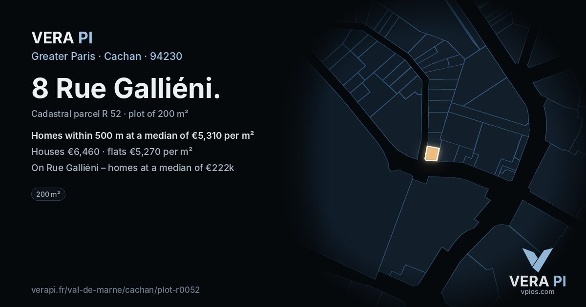8 Rue Galliéni, Cachan at night – the plot lit, the parcels around coloured by the prices near them