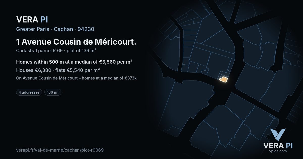 1 Avenue Cousin de Méricourt, Cachan at night – the plot lit, the parcels around coloured by the prices near them