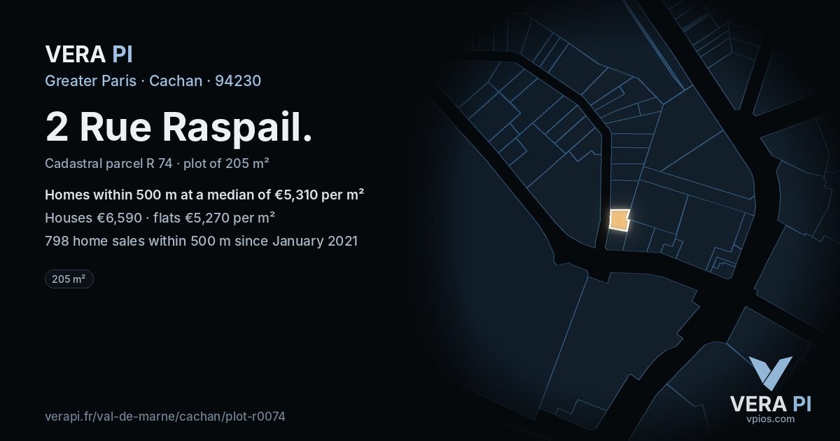 2 Rue Raspail, Cachan at night – the plot lit, the parcels around coloured by the prices near them