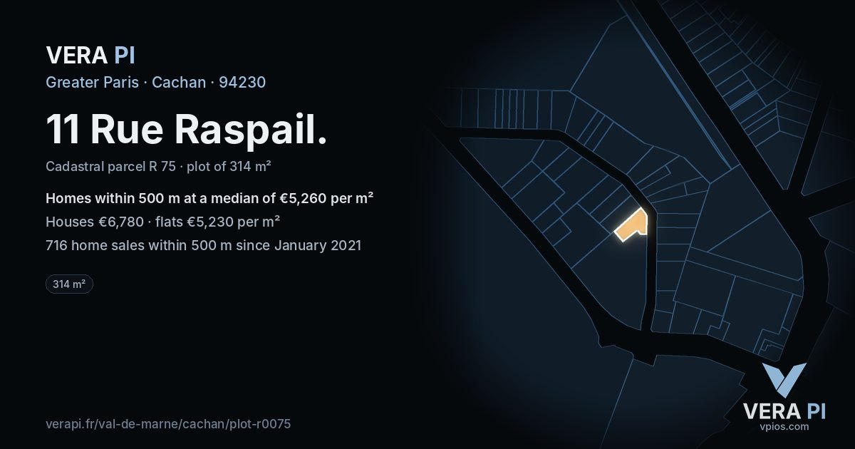 11 Rue Raspail, Cachan at night – the plot lit, the parcels around coloured by the prices near them