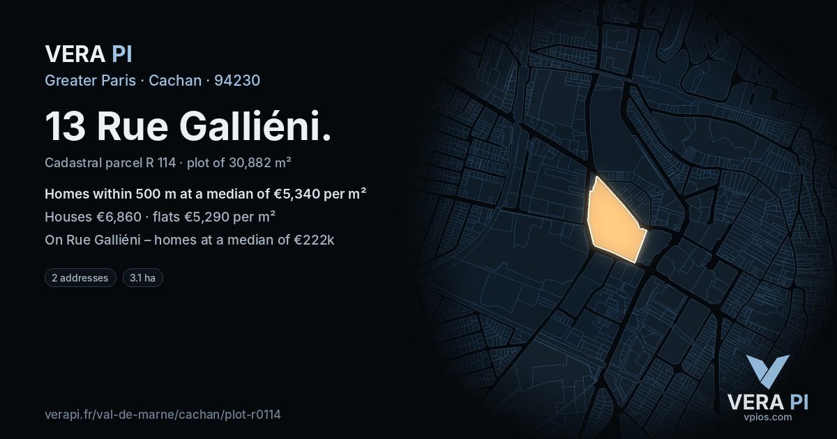 13 Rue Galliéni, Cachan at night – the plot lit, the parcels around coloured by the prices near them