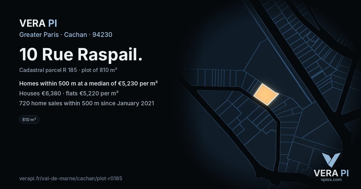 10 Rue Raspail, Cachan at night – the plot lit, the parcels around coloured by the prices near them