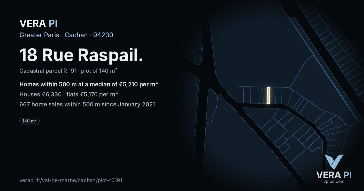 18 Rue Raspail, Cachan at night – the plot lit, the parcels around coloured by the prices near them