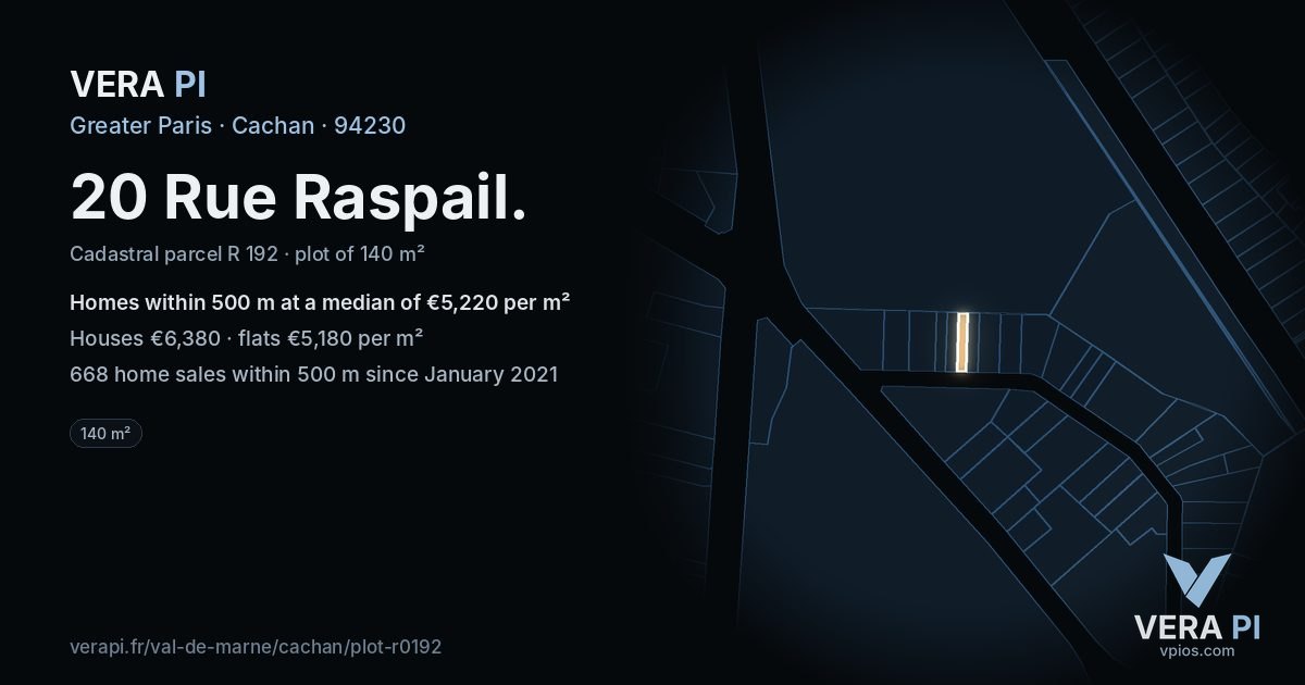 20 Rue Raspail, Cachan at night – the plot lit, the parcels around coloured by the prices near them