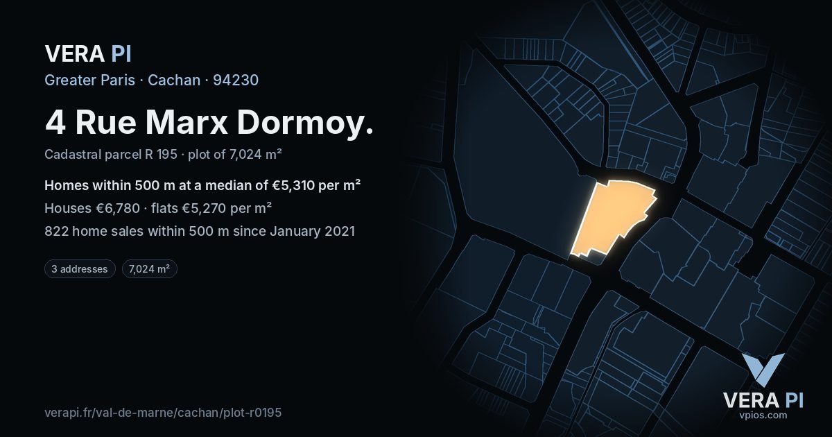 4 Rue Marx Dormoy, Cachan at night – the plot lit, the parcels around coloured by the prices near them