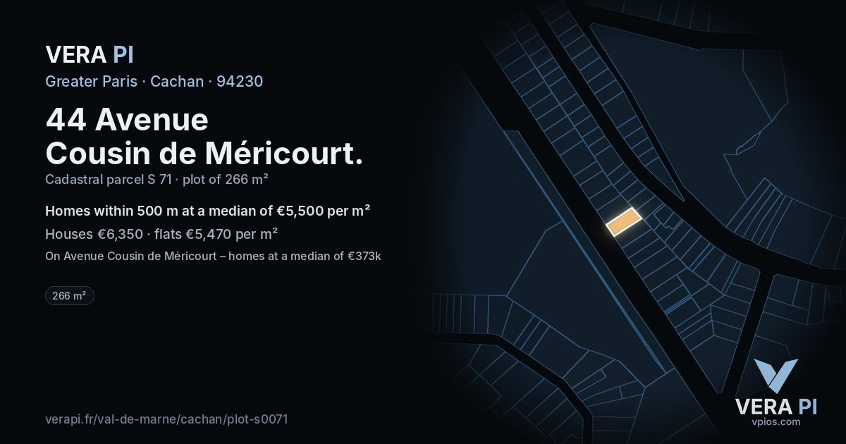 44 Avenue Cousin de Méricourt, Cachan at night – the plot lit, the parcels around coloured by the prices near them