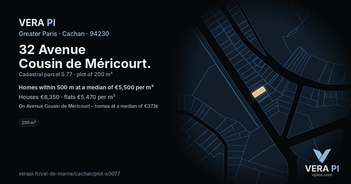 32 Avenue Cousin de Méricourt, Cachan at night – the plot lit, the parcels around coloured by the prices near them