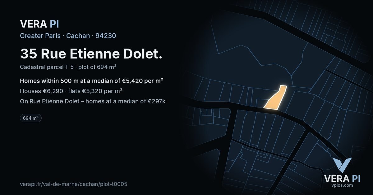 35 Rue Etienne Dolet, Cachan at night – the plot lit, the parcels around coloured by the prices near them