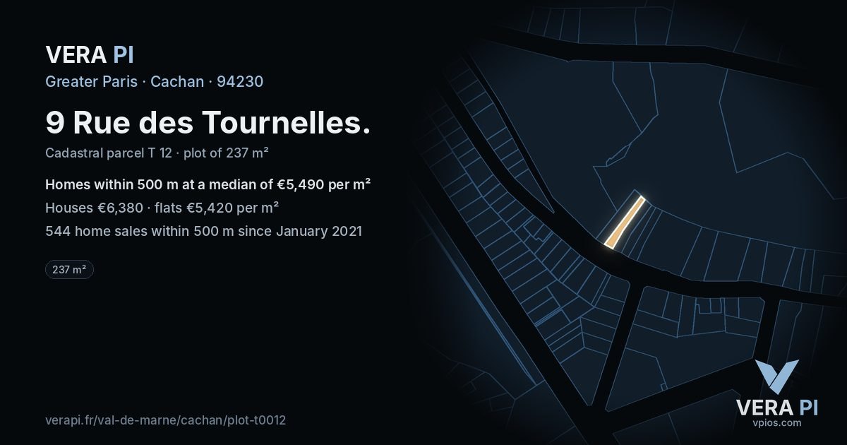9 Rue des Tournelles, Cachan at night – the plot lit, the parcels around coloured by the prices near them