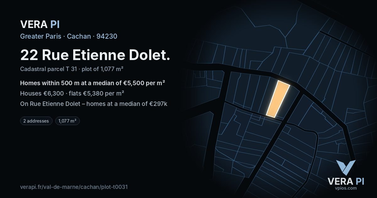 22 Rue Etienne Dolet, Cachan at night – the plot lit, the parcels around coloured by the prices near them