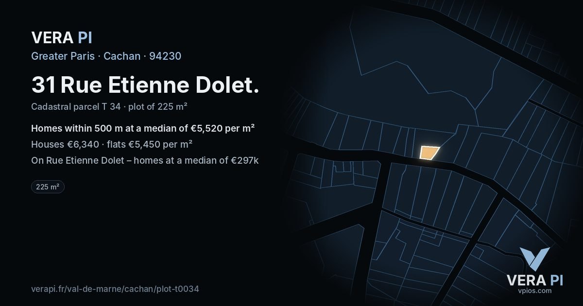 31 Rue Etienne Dolet, Cachan at night – the plot lit, the parcels around coloured by the prices near them
