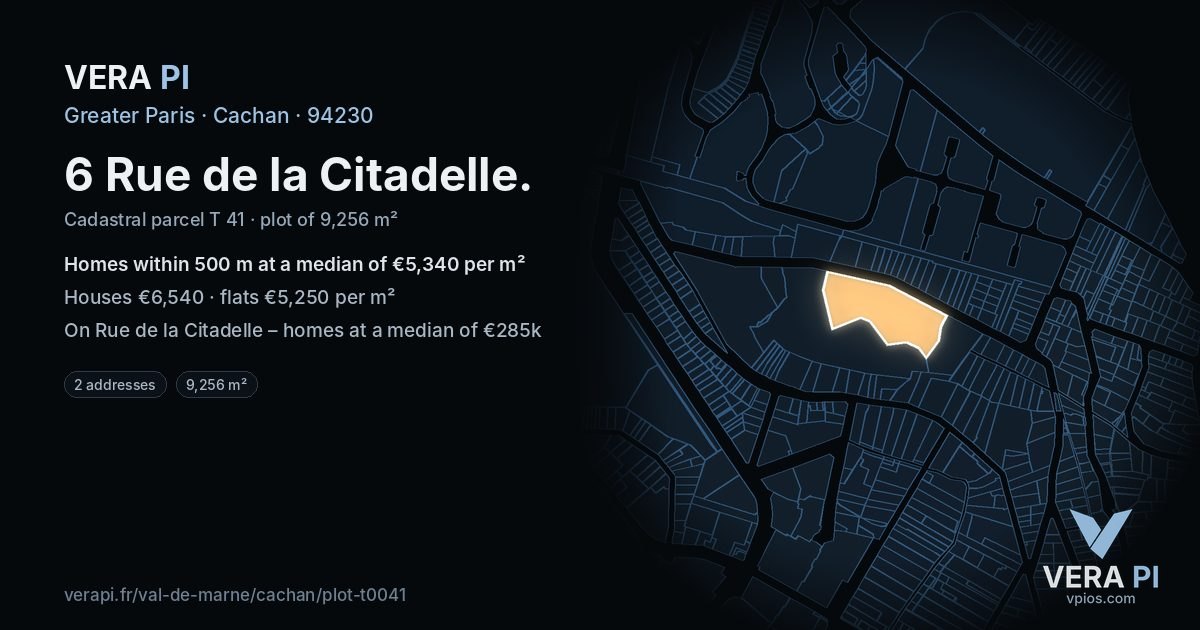 6 Rue de la Citadelle, Cachan at night – the plot lit, the parcels around coloured by the prices near them