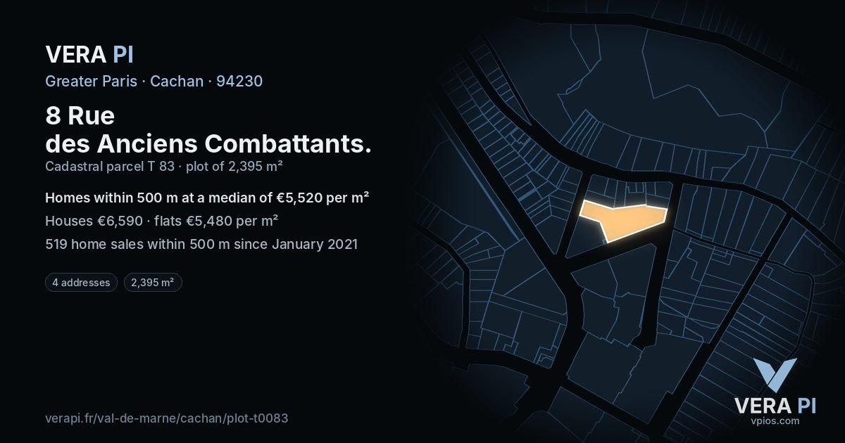 8 Rue des Anciens Combattants, Cachan at night – the plot lit, the parcels around coloured by the prices near them