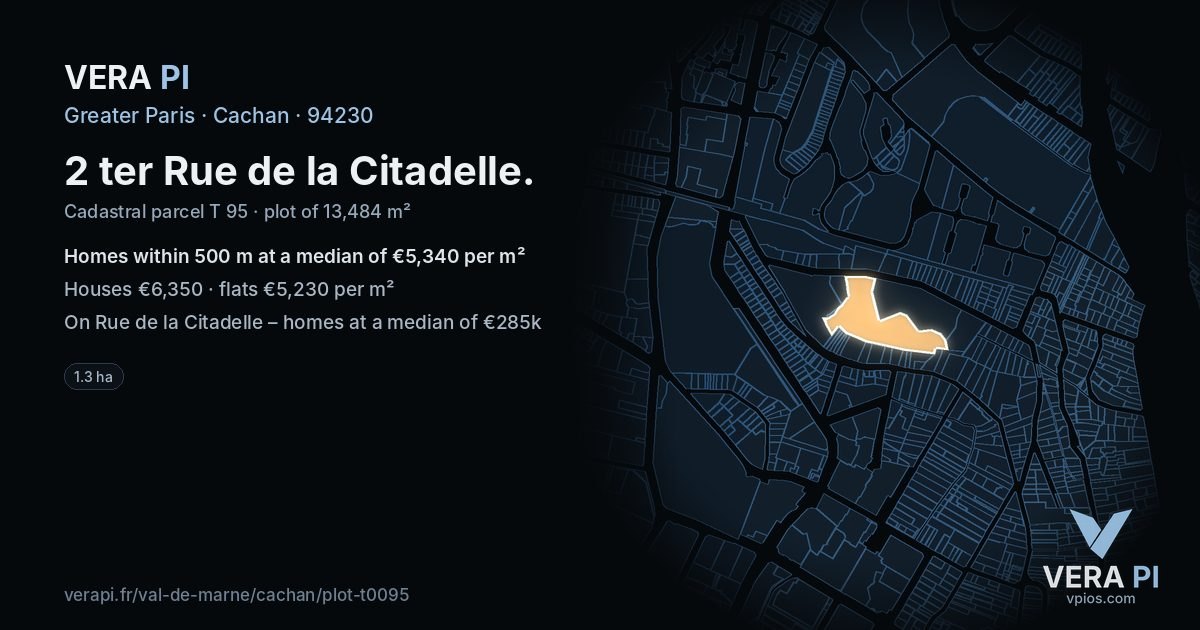 2 ter Rue de la Citadelle, Cachan at night – the plot lit, the parcels around coloured by the prices near them