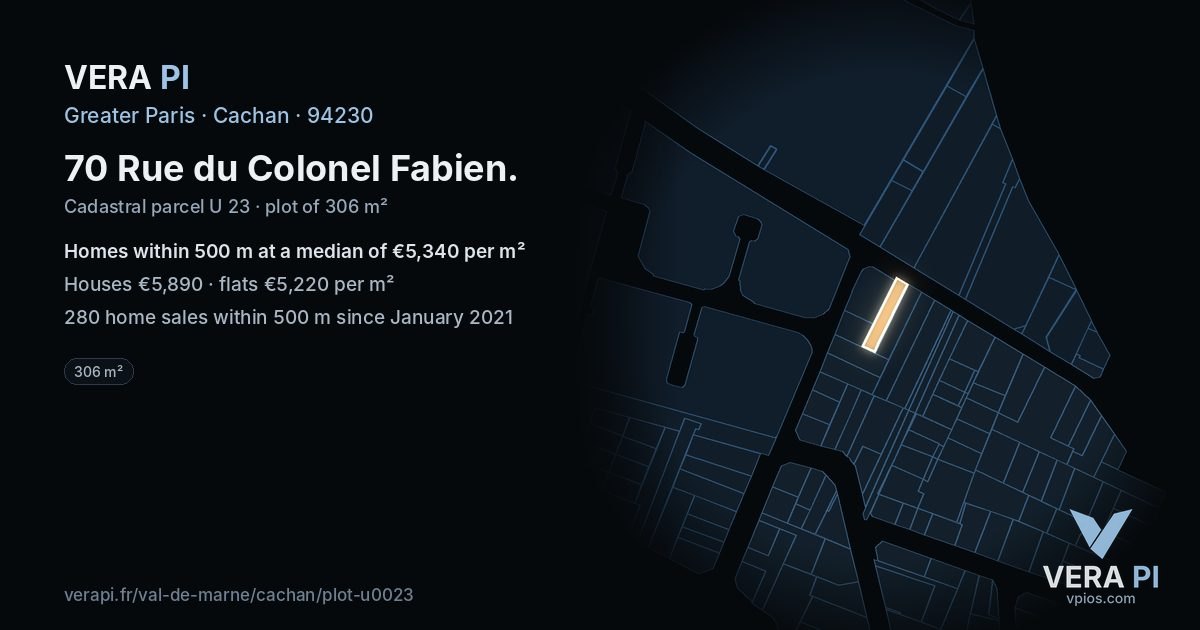 70 Rue du Colonel Fabien, Cachan at night – the plot lit, the parcels around coloured by the prices near them