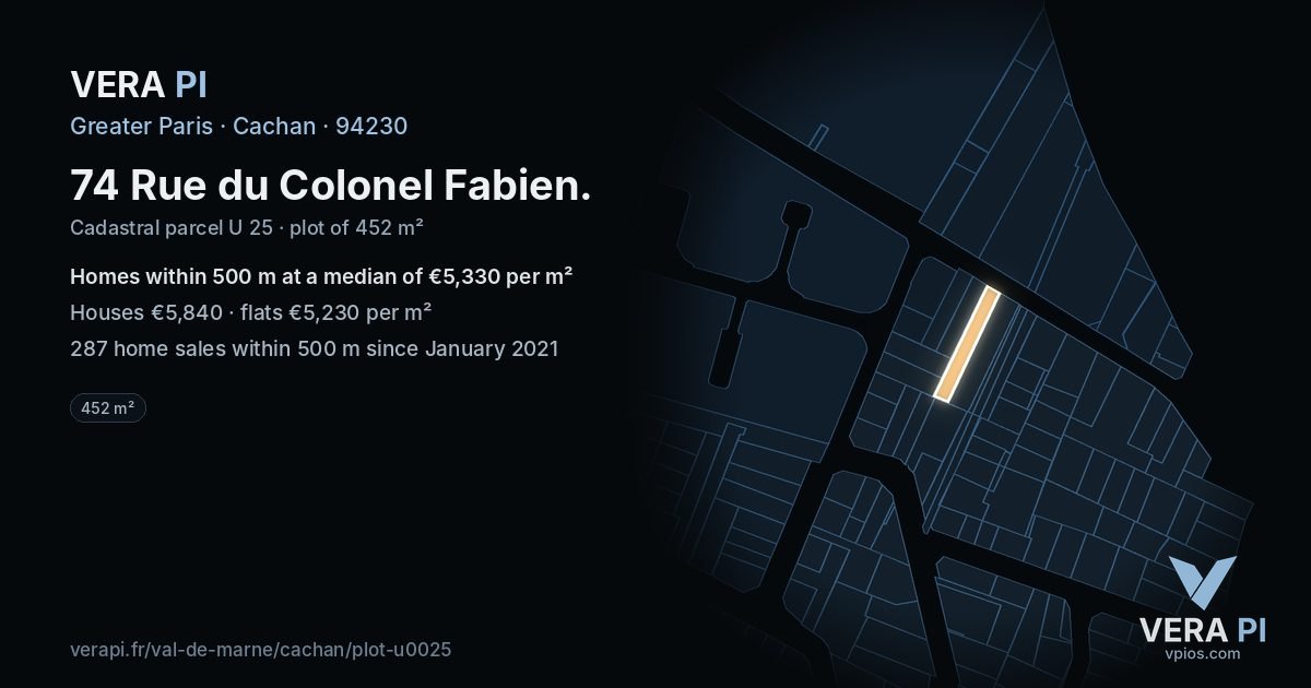 74 Rue du Colonel Fabien, Cachan at night – the plot lit, the parcels around coloured by the prices near them