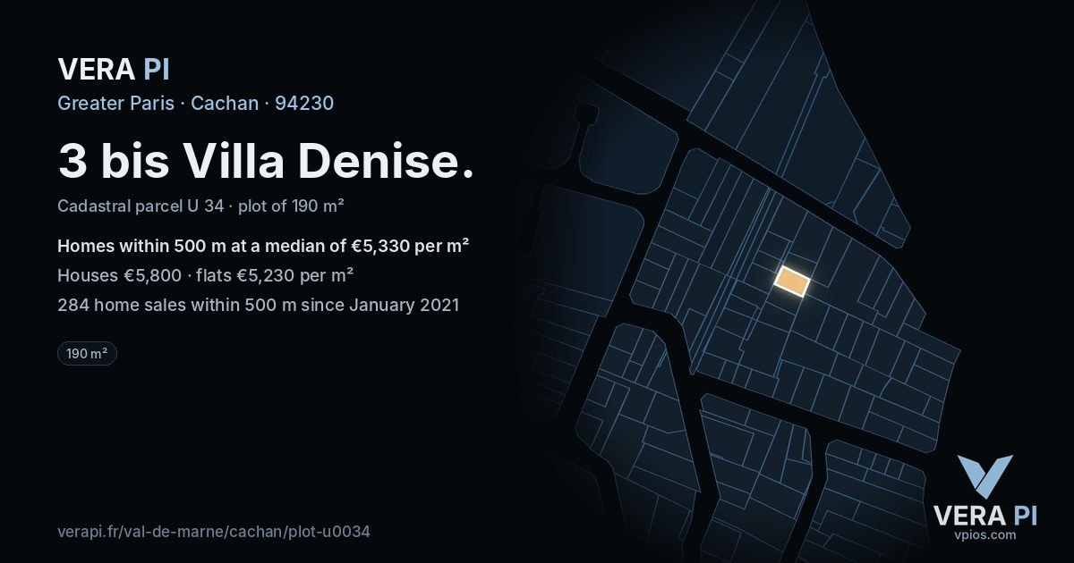 3 bis Villa Denise, Cachan at night – the plot lit, the parcels around coloured by the prices near them
