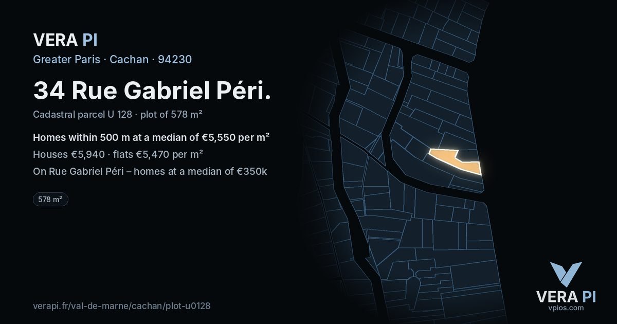 34 Rue Gabriel Péri, Cachan at night – the plot lit, the parcels around coloured by the prices near them