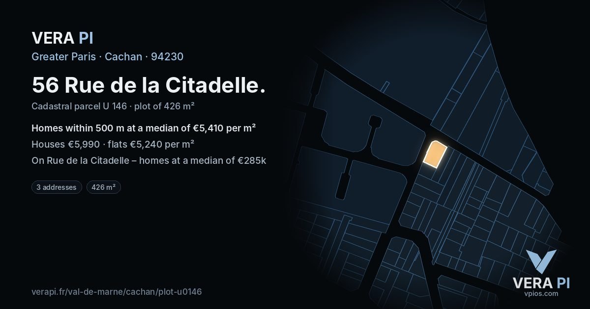 56 Rue de la Citadelle, Cachan at night – the plot lit, the parcels around coloured by the prices near them