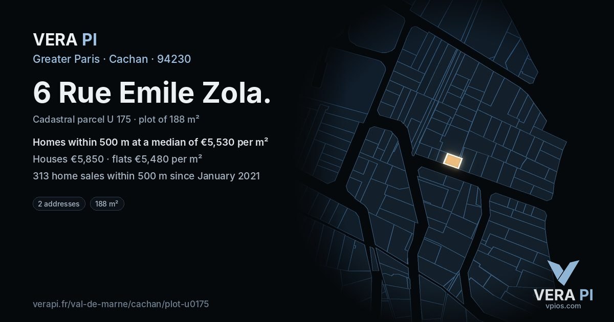 6 Rue Emile Zola, Cachan at night – the plot lit, the parcels around coloured by the prices near them