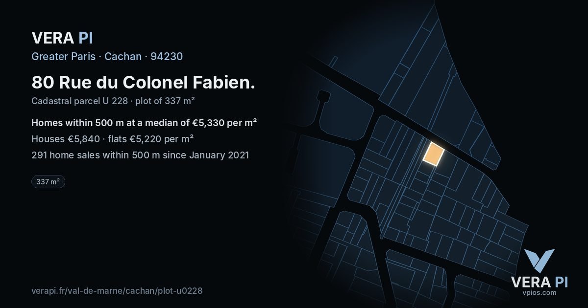 80 Rue du Colonel Fabien, Cachan at night – the plot lit, the parcels around coloured by the prices near them