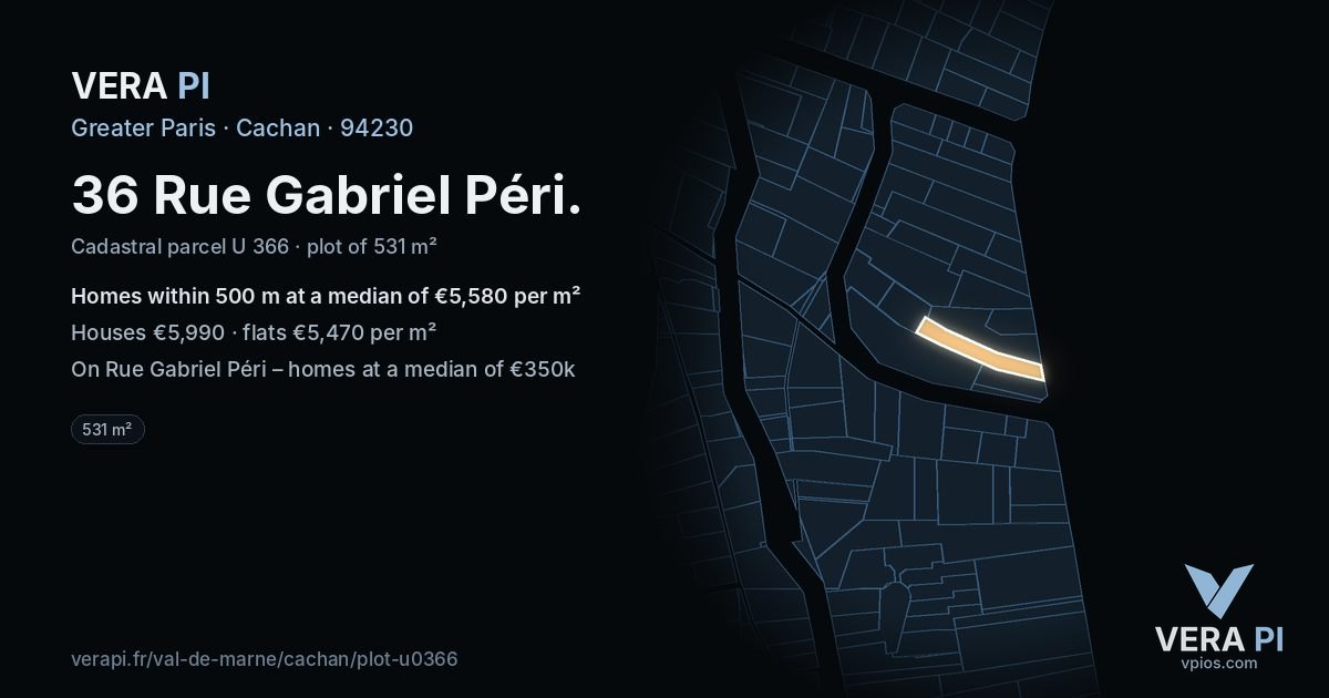 36 Rue Gabriel Péri, Cachan at night – the plot lit, the parcels around coloured by the prices near them