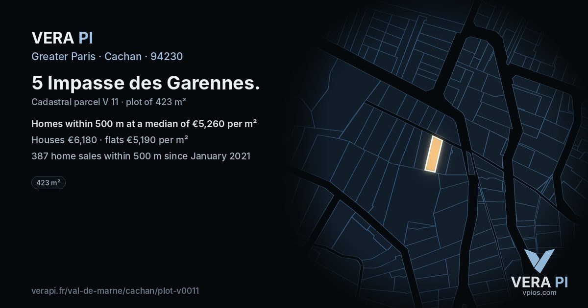 5 Impasse des Garennes, Cachan at night – the plot lit, the parcels around coloured by the prices near them