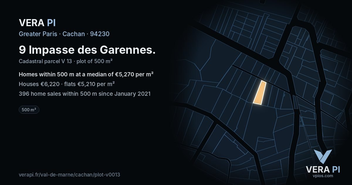 9 Impasse des Garennes, Cachan at night – the plot lit, the parcels around coloured by the prices near them