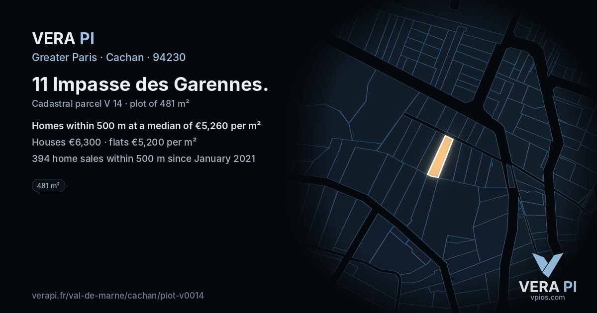 11 Impasse des Garennes, Cachan at night – the plot lit, the parcels around coloured by the prices near them