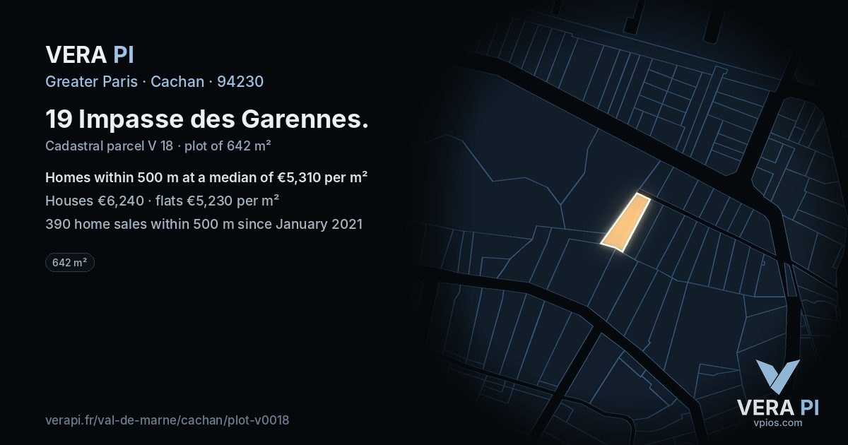 19 Impasse des Garennes, Cachan at night – the plot lit, the parcels around coloured by the prices near them