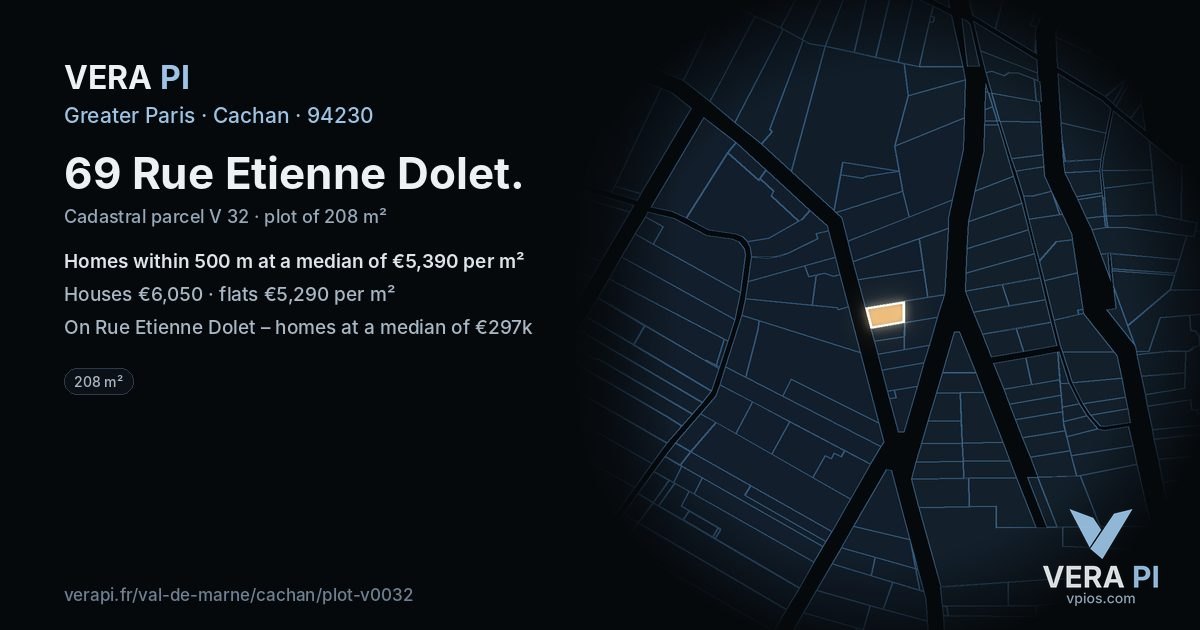 69 Rue Etienne Dolet, Cachan at night – the plot lit, the parcels around coloured by the prices near them