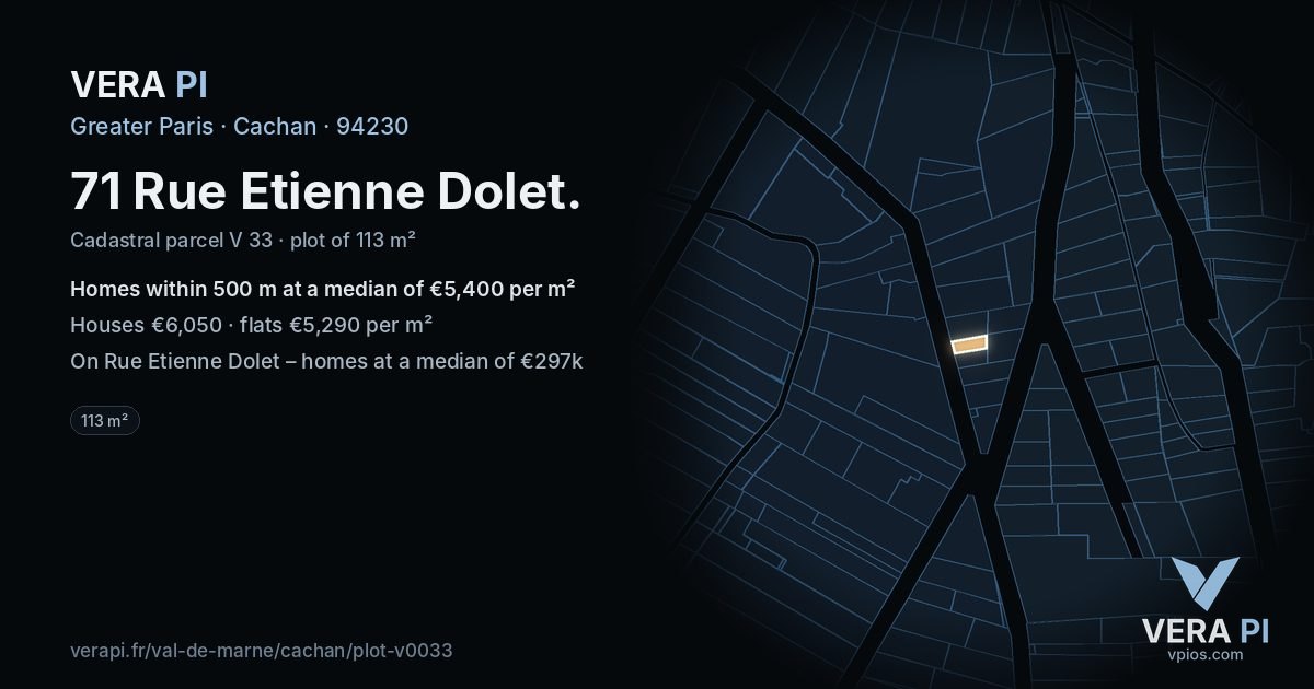 71 Rue Etienne Dolet, Cachan at night – the plot lit, the parcels around coloured by the prices near them