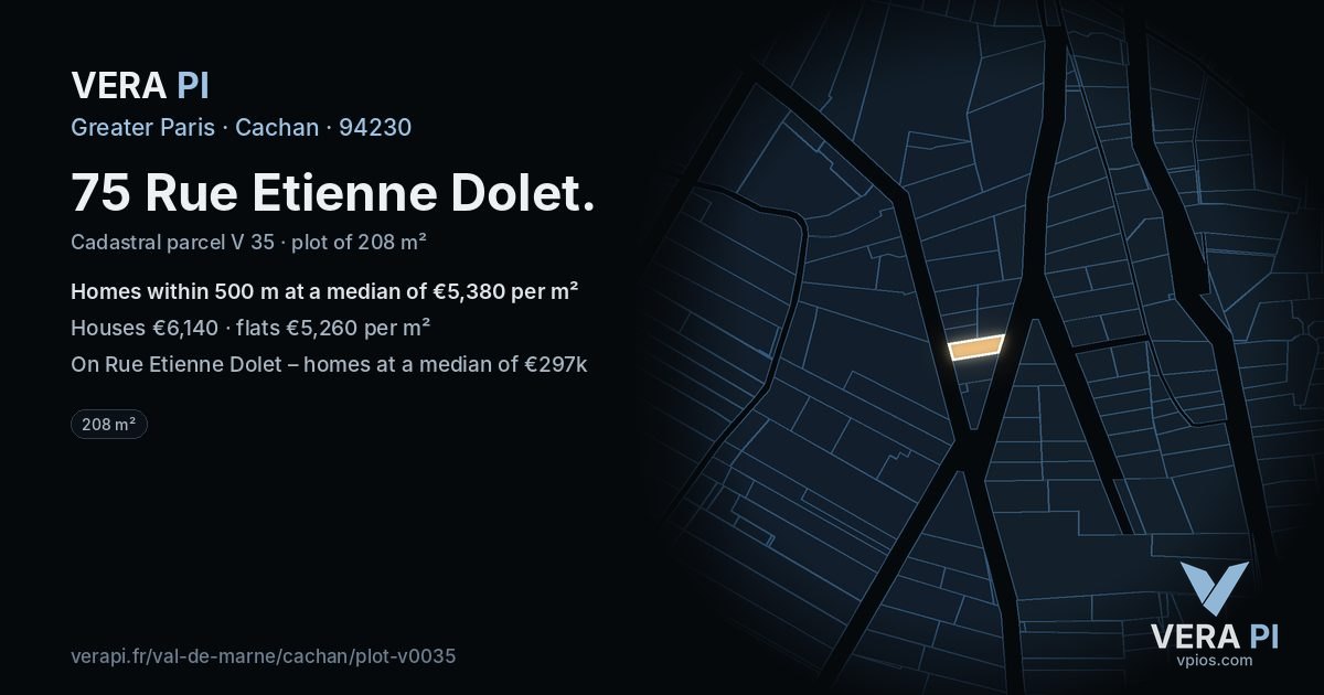 75 Rue Etienne Dolet, Cachan at night – the plot lit, the parcels around coloured by the prices near them