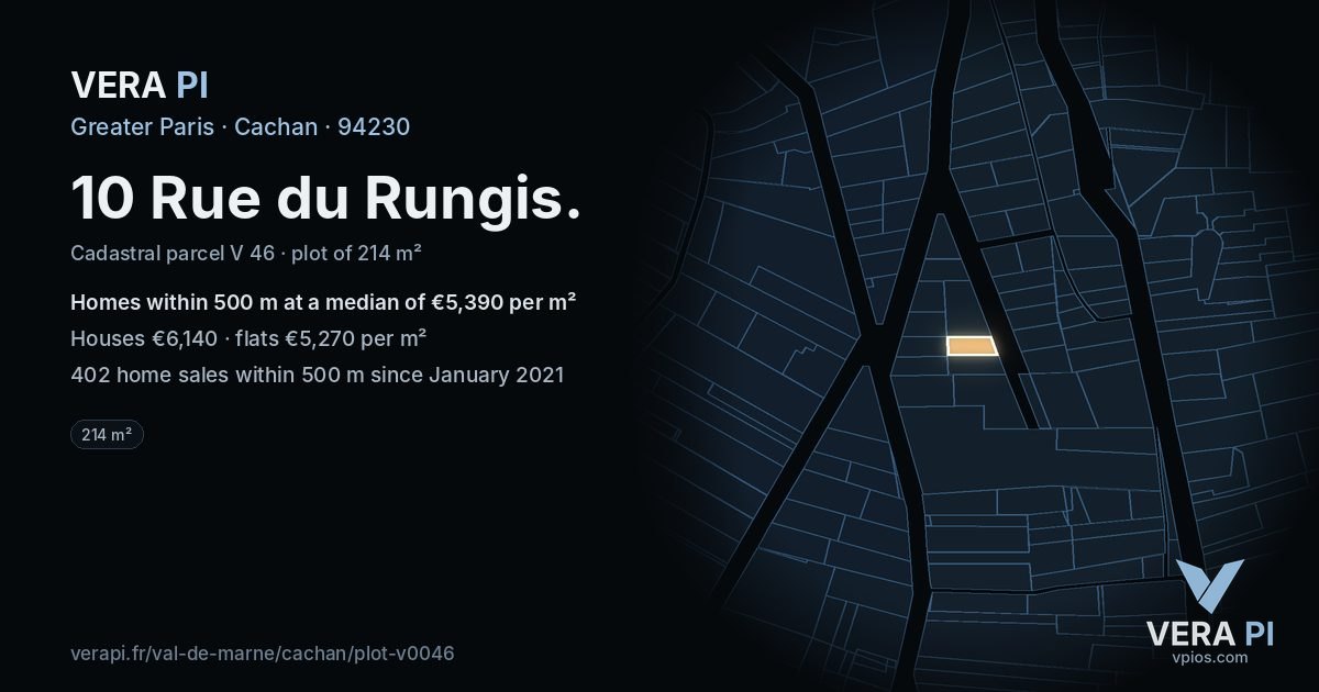 10 Rue du Rungis, Cachan at night – the plot lit, the parcels around coloured by the prices near them