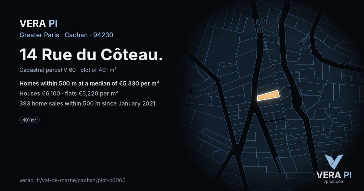 14 Rue du Côteau, Cachan at night – the plot lit, the parcels around coloured by the prices near them
