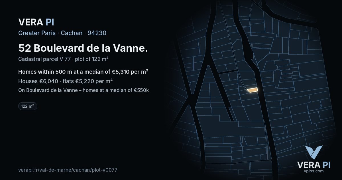 52 Boulevard de la Vanne, Cachan at night – the plot lit, the parcels around coloured by the prices near them