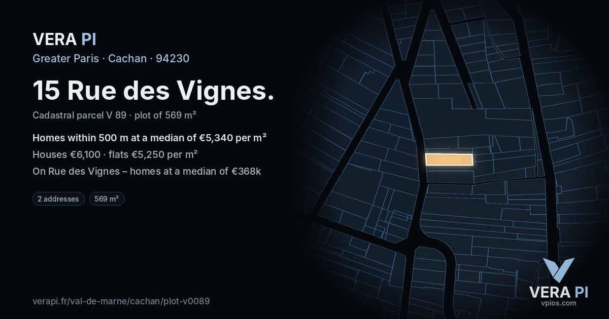 15 Rue des Vignes, Cachan at night – the plot lit, the parcels around coloured by the prices near them