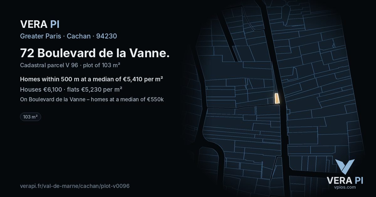 72 Boulevard de la Vanne, Cachan at night – the plot lit, the parcels around coloured by the prices near them