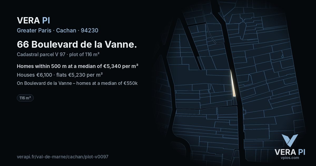 66 Boulevard de la Vanne, Cachan at night – the plot lit, the parcels around coloured by the prices near them