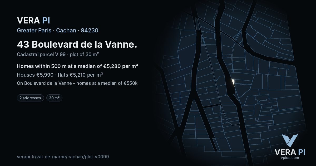 43 Boulevard de la Vanne, Cachan at night – the plot lit, the parcels around coloured by the prices near them