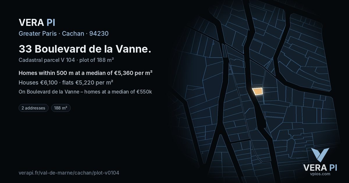 33 Boulevard de la Vanne, Cachan at night – the plot lit, the parcels around coloured by the prices near them