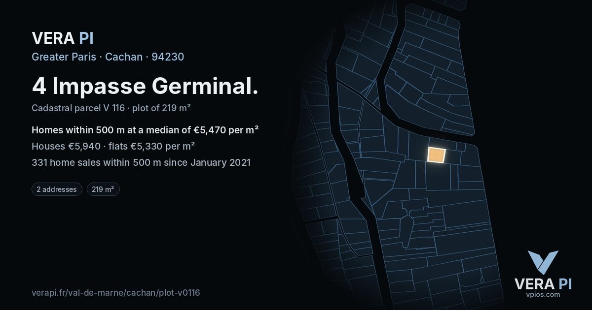 4 Impasse Germinal, Cachan at night – the plot lit, the parcels around coloured by the prices near them