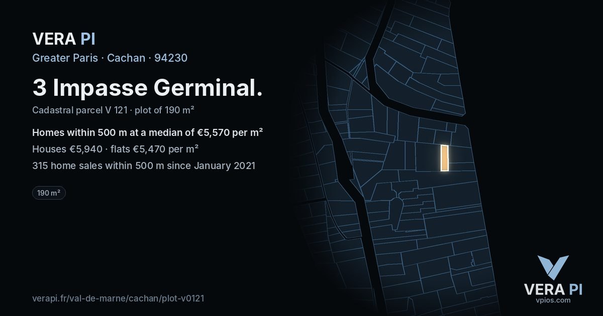 3 Impasse Germinal, Cachan at night – the plot lit, the parcels around coloured by the prices near them