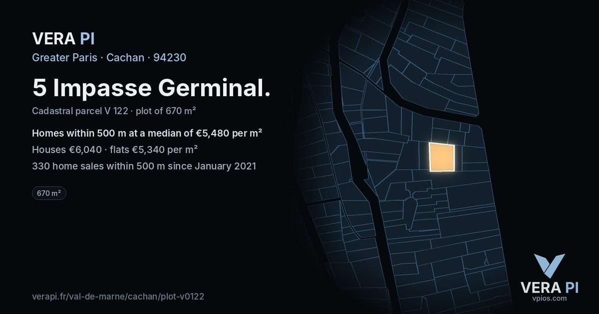 5 Impasse Germinal, Cachan at night – the plot lit, the parcels around coloured by the prices near them