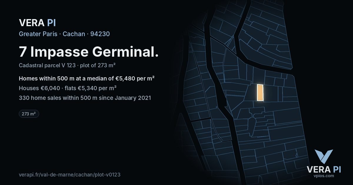 7 Impasse Germinal, Cachan at night – the plot lit, the parcels around coloured by the prices near them
